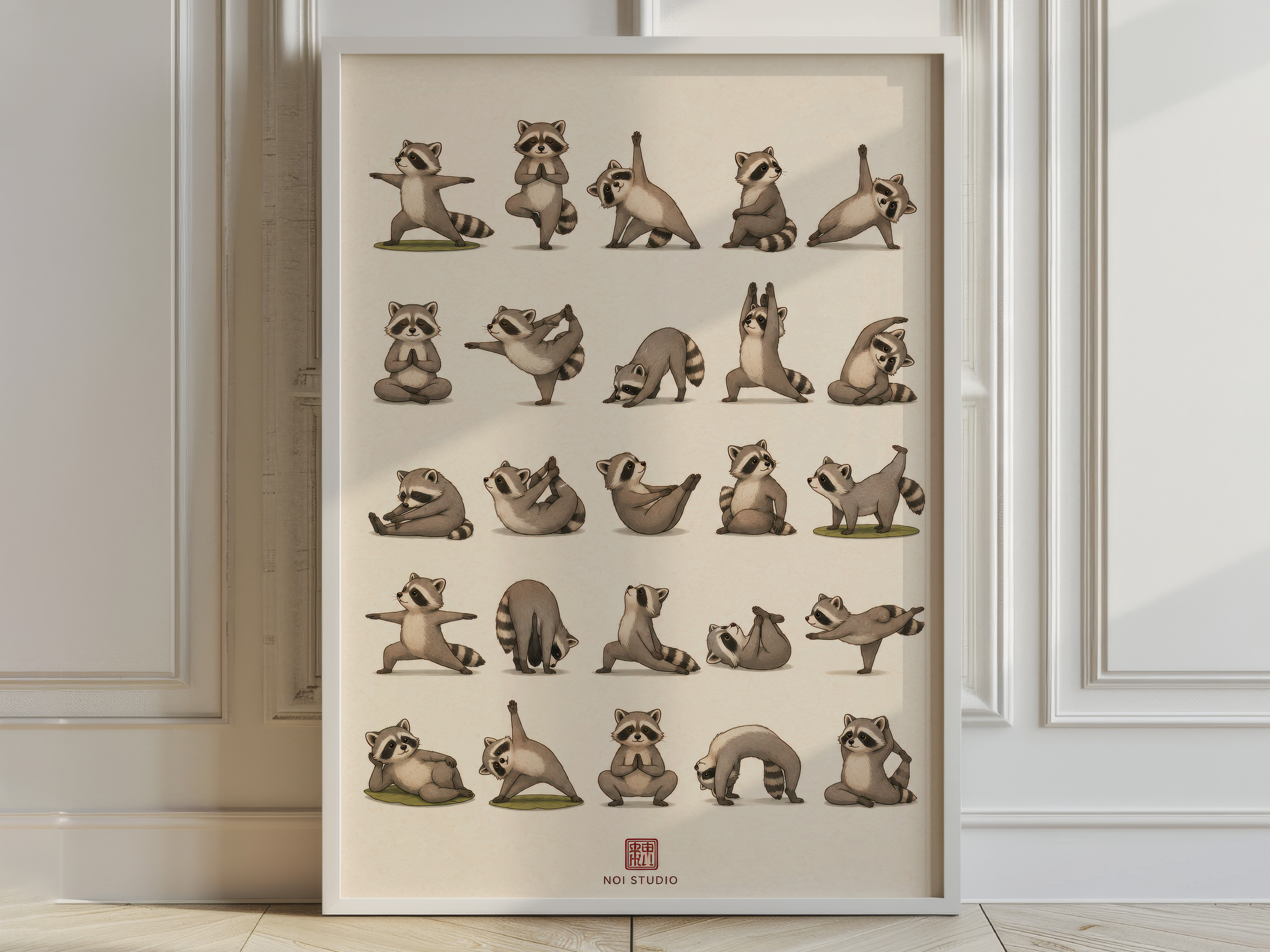 Yoga Raccoons Print, Living Room Wall Art, Funny Animal Poster