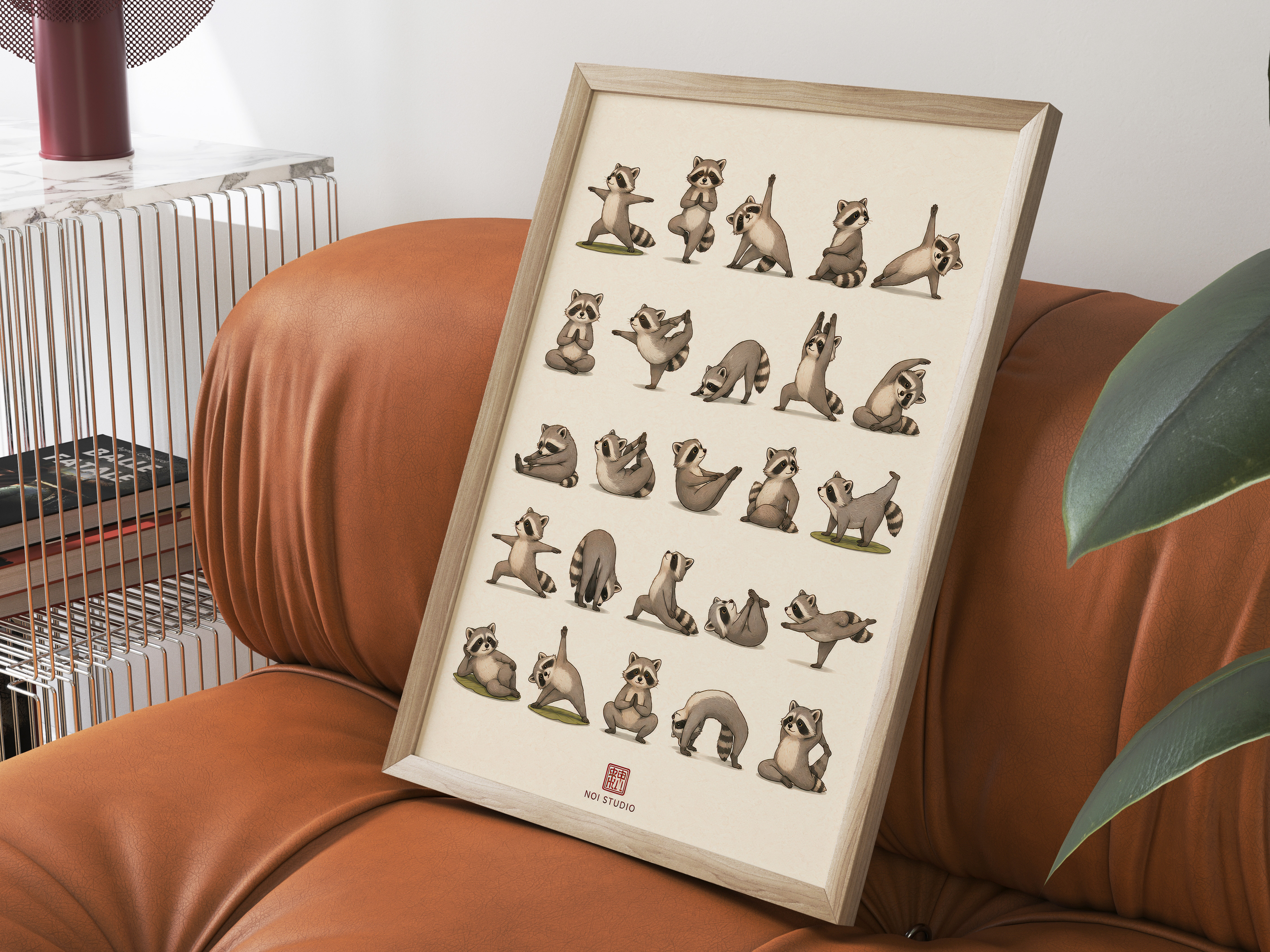 Yoga Raccoons Print, Living Room Wall Art, Funny Animal Poster