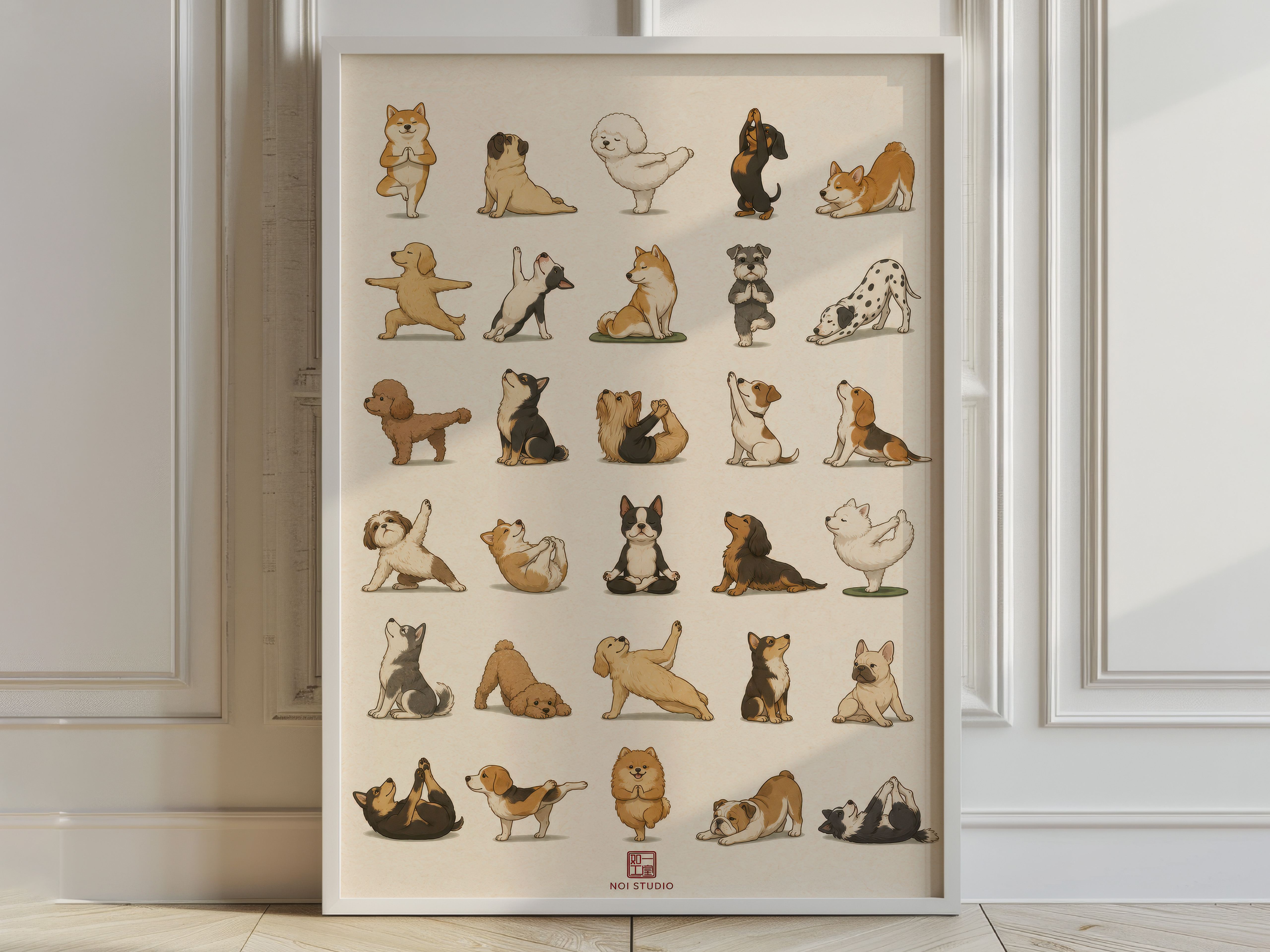Yoga Dogs Poster, Funny Bathroom Art, 30 Dog Breeds Living Room Decor