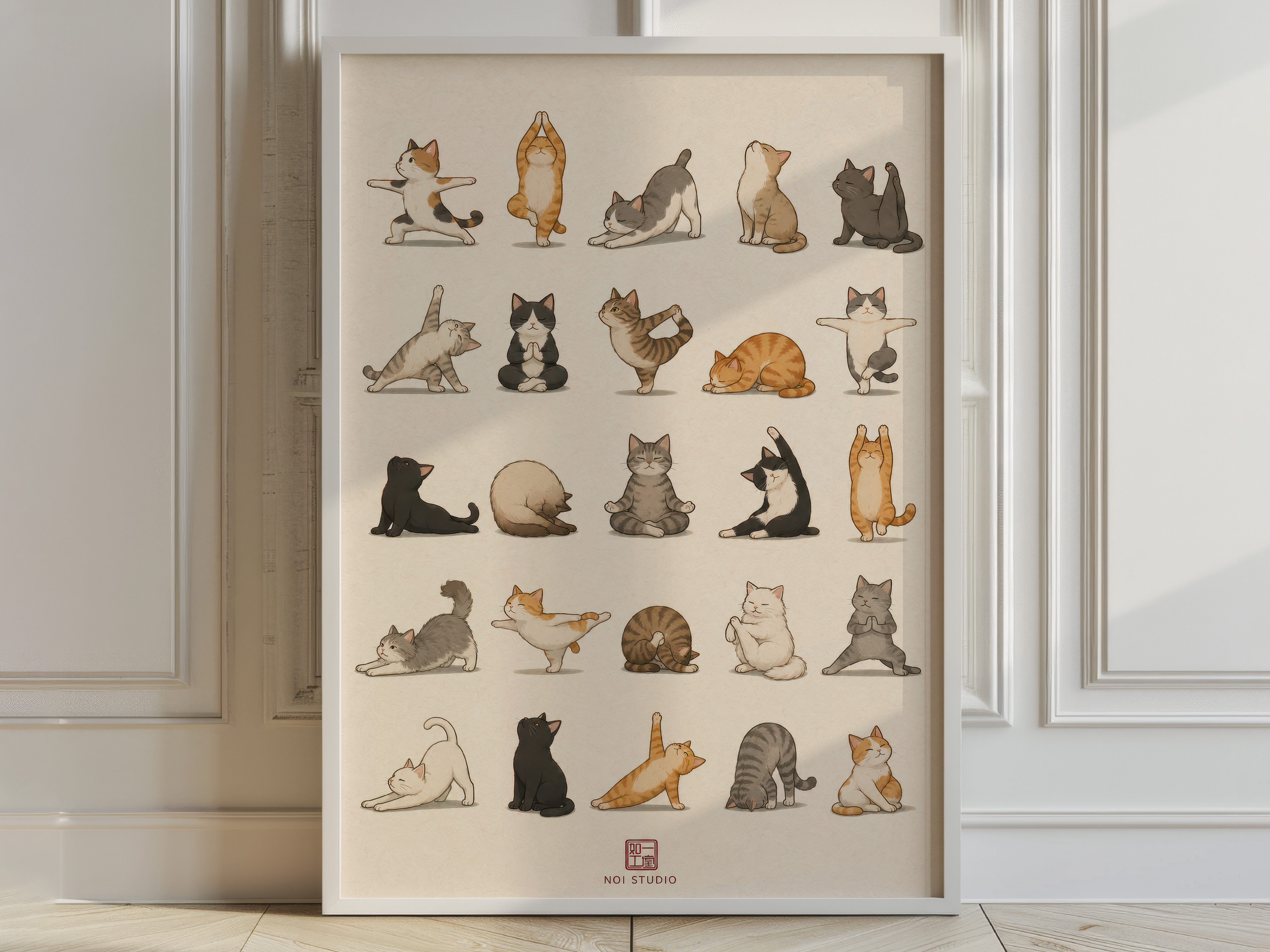 Yoga Cats Poster, Colorful Cat Grid Living Room Wall Art