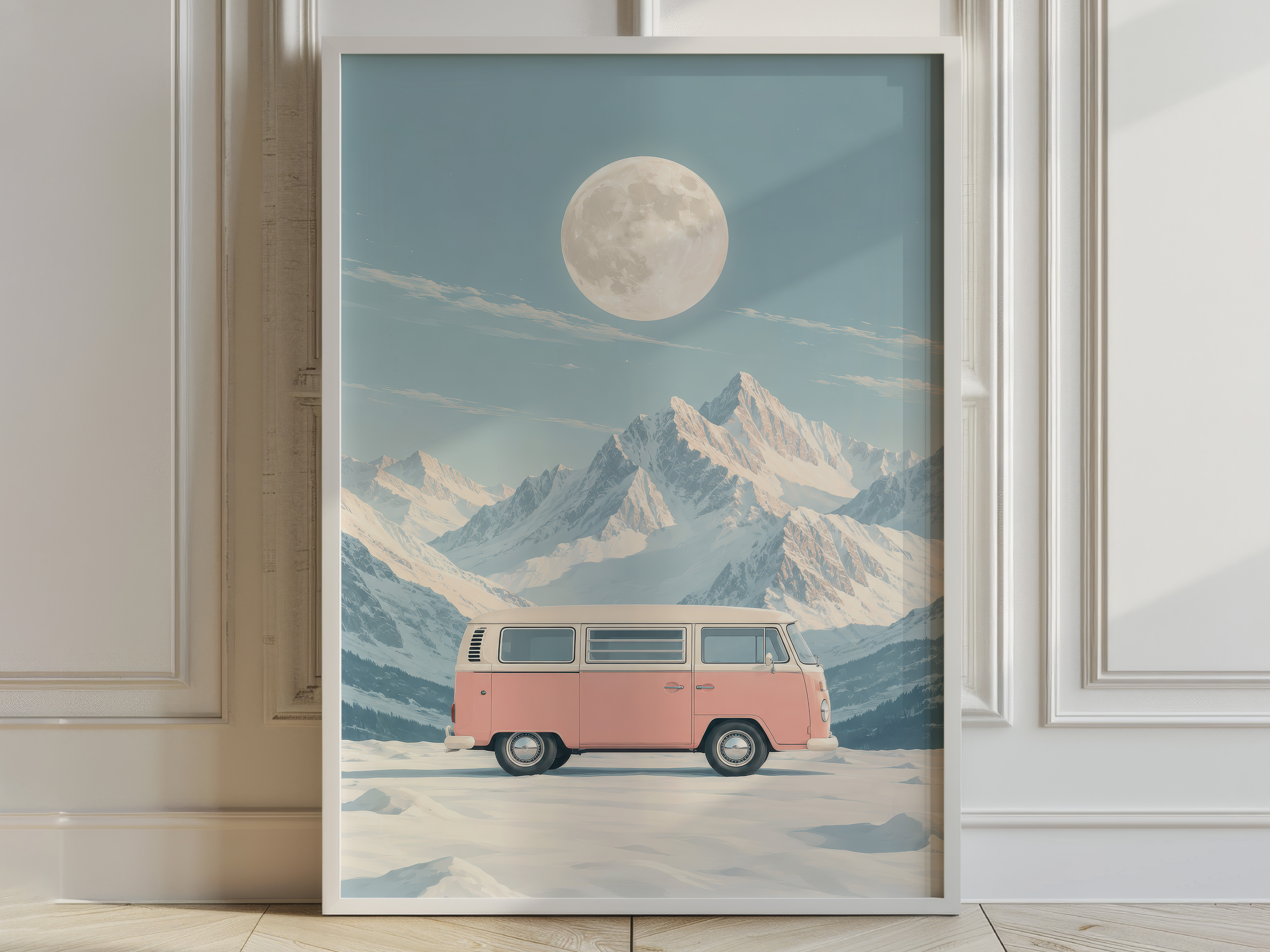 Pink VW Van Mountain Poster, Minimalist Wall Art Living Room, Retro Camper Decor