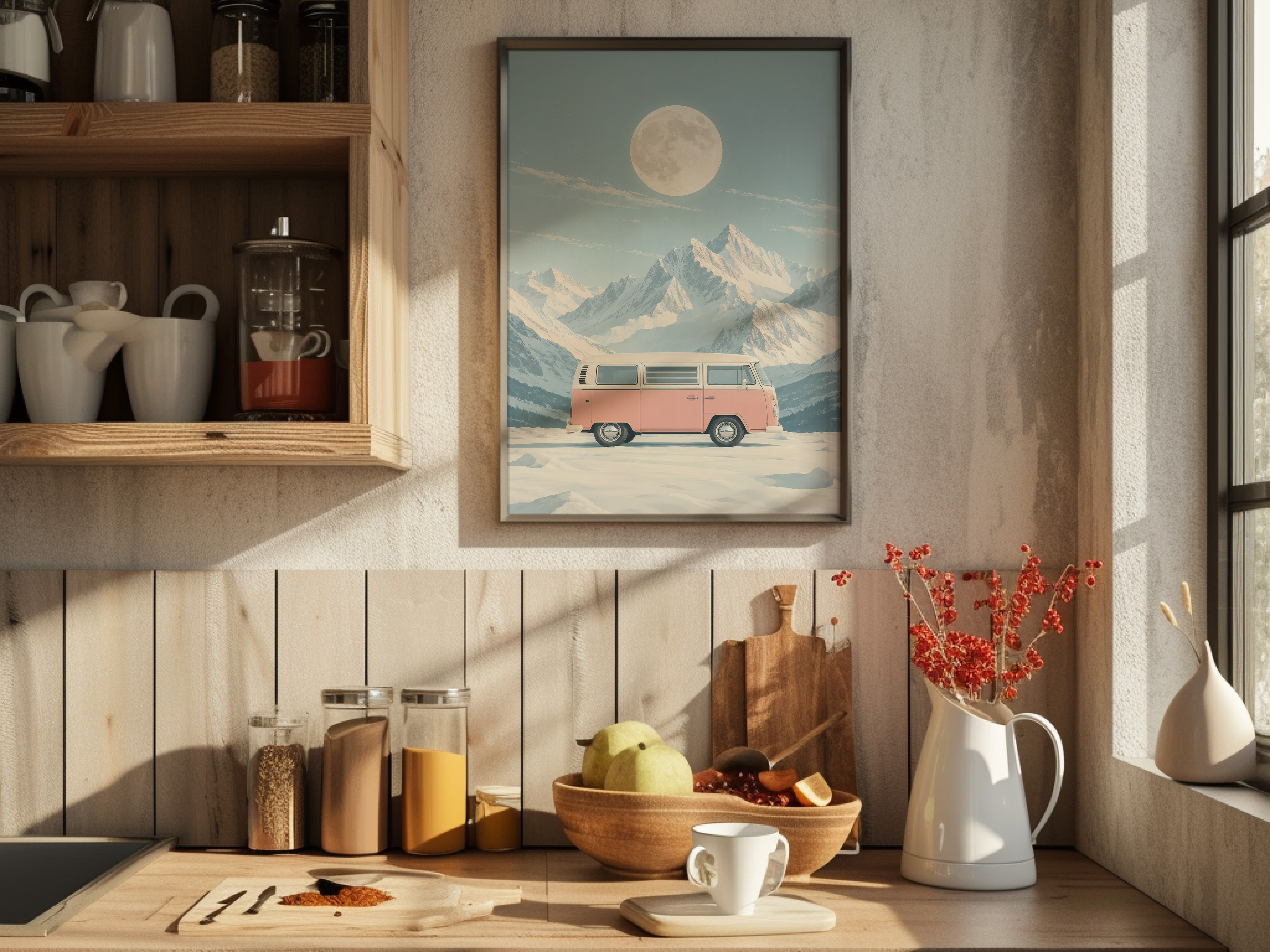 Pink VW Van Mountain Poster, Minimalist Wall Art Living Room, Retro Camper Decor