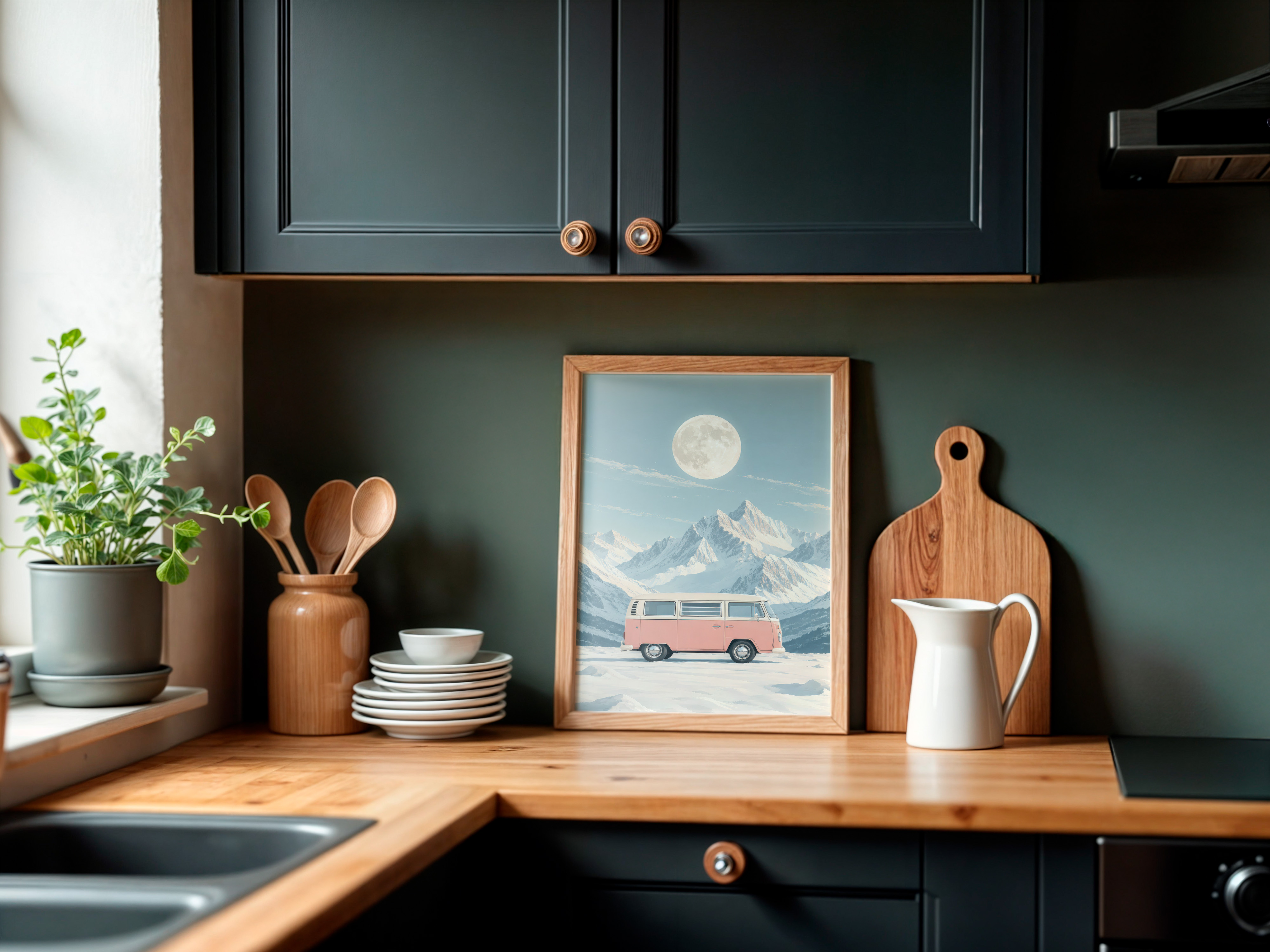Pink VW Van Mountain Poster, Minimalist Wall Art Living Room, Retro Camper Decor