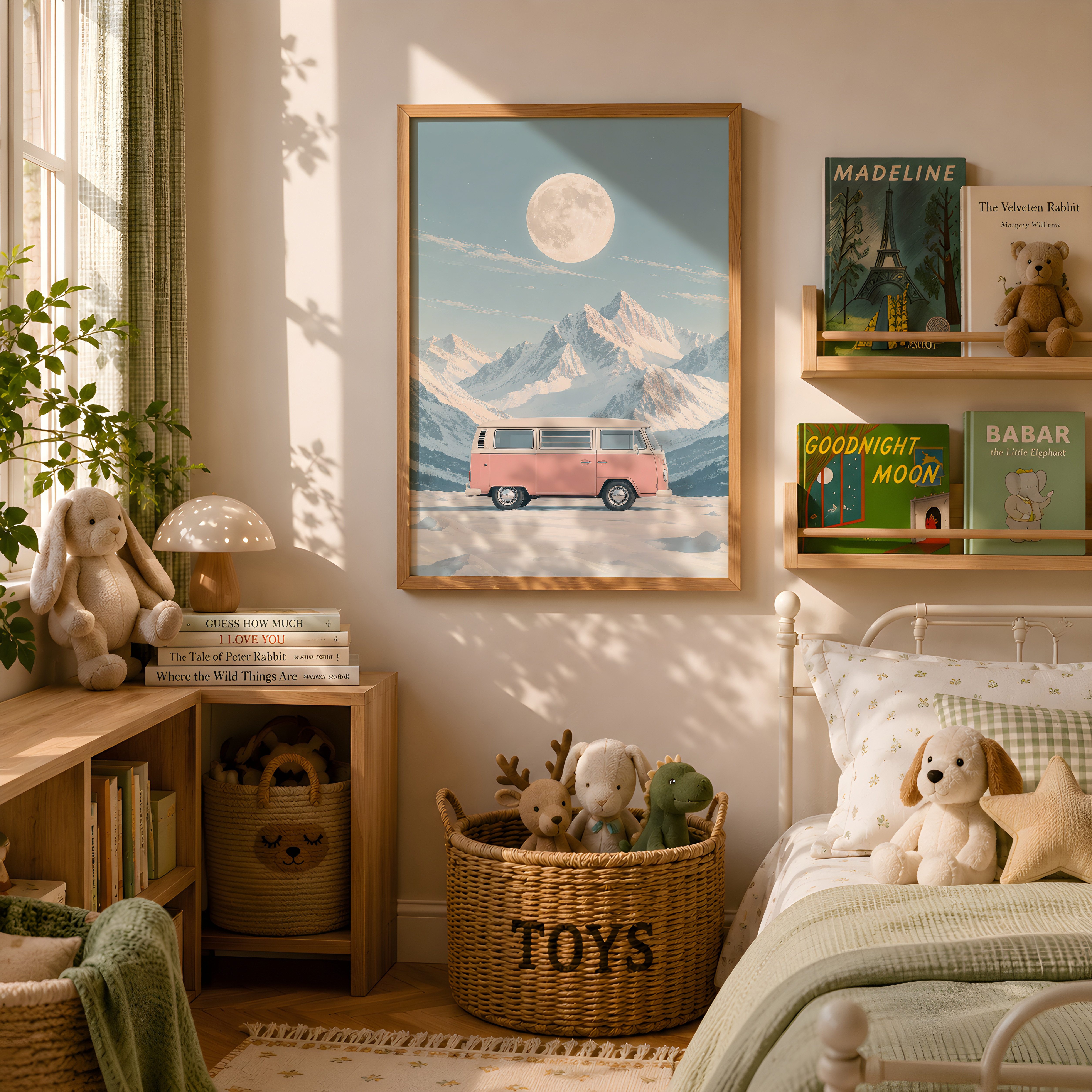 Pink VW Van Mountain Poster, Minimalist Wall Art Living Room, Retro Camper Decor