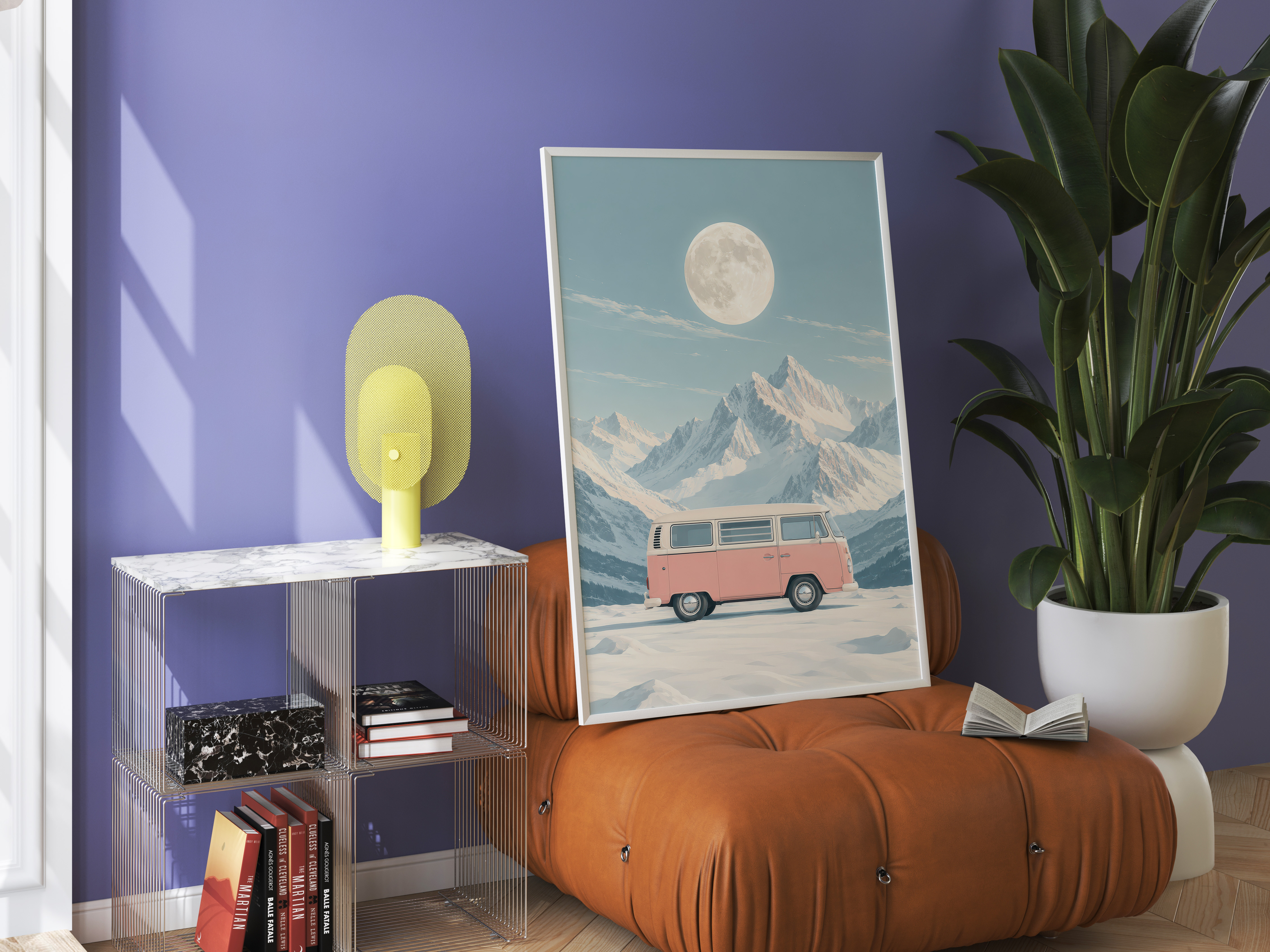 Pink VW Van Mountain Poster, Minimalist Wall Art Living Room, Retro Camper Decor