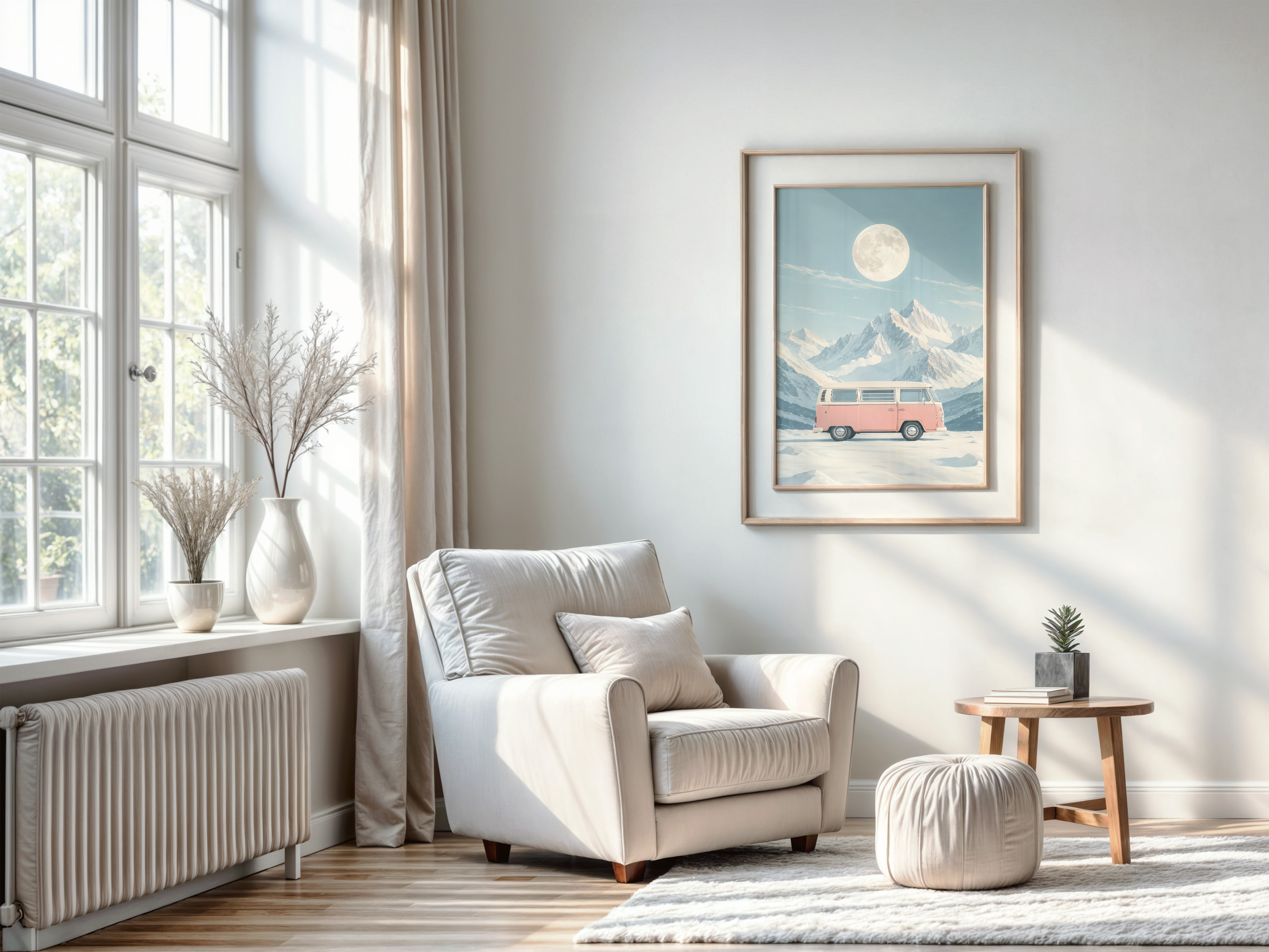 Pink VW Van Mountain Poster, Minimalist Wall Art Living Room, Retro Camper Decor