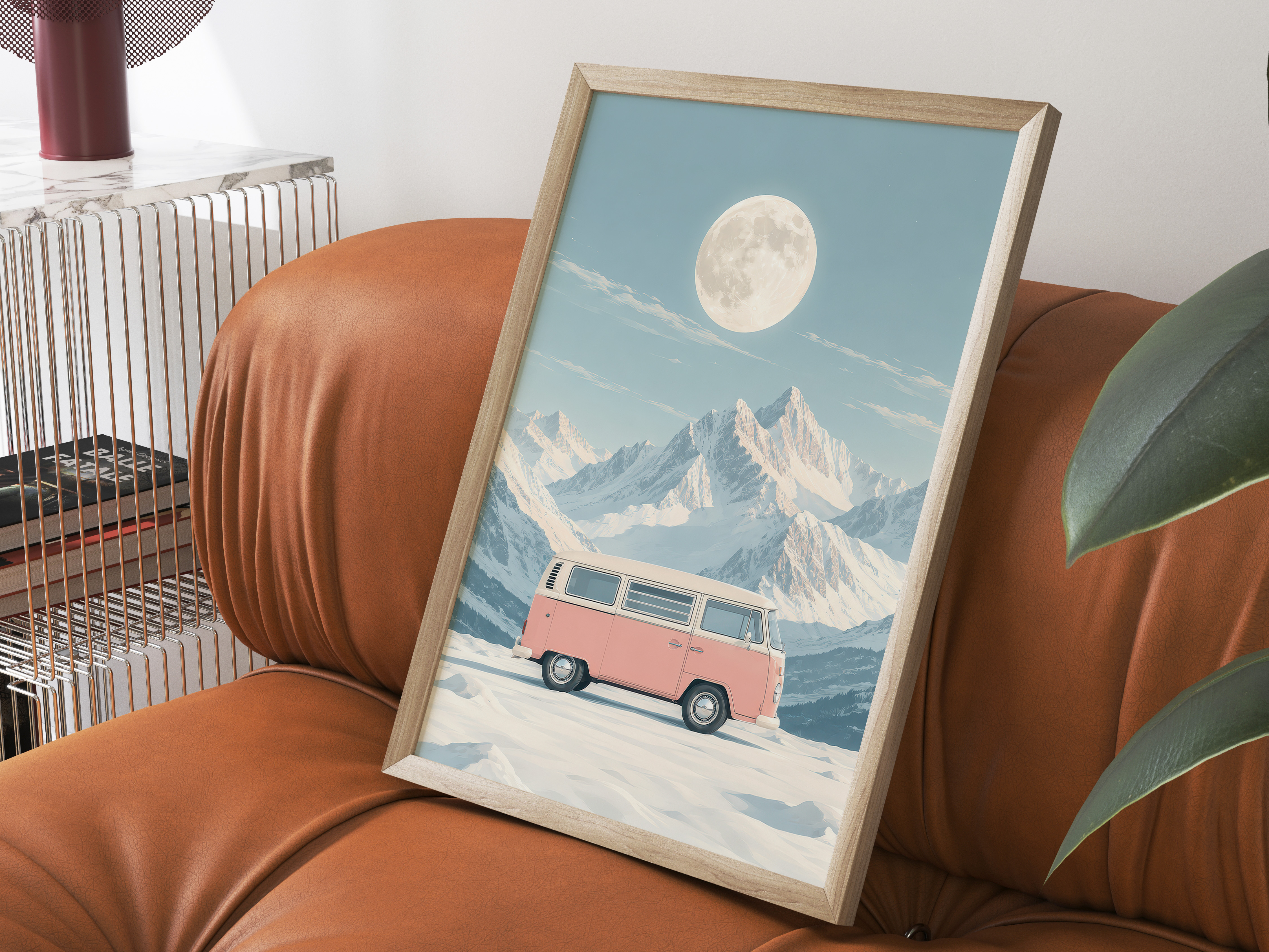 Pink VW Van Mountain Poster, Minimalist Wall Art Living Room, Retro Camper Decor