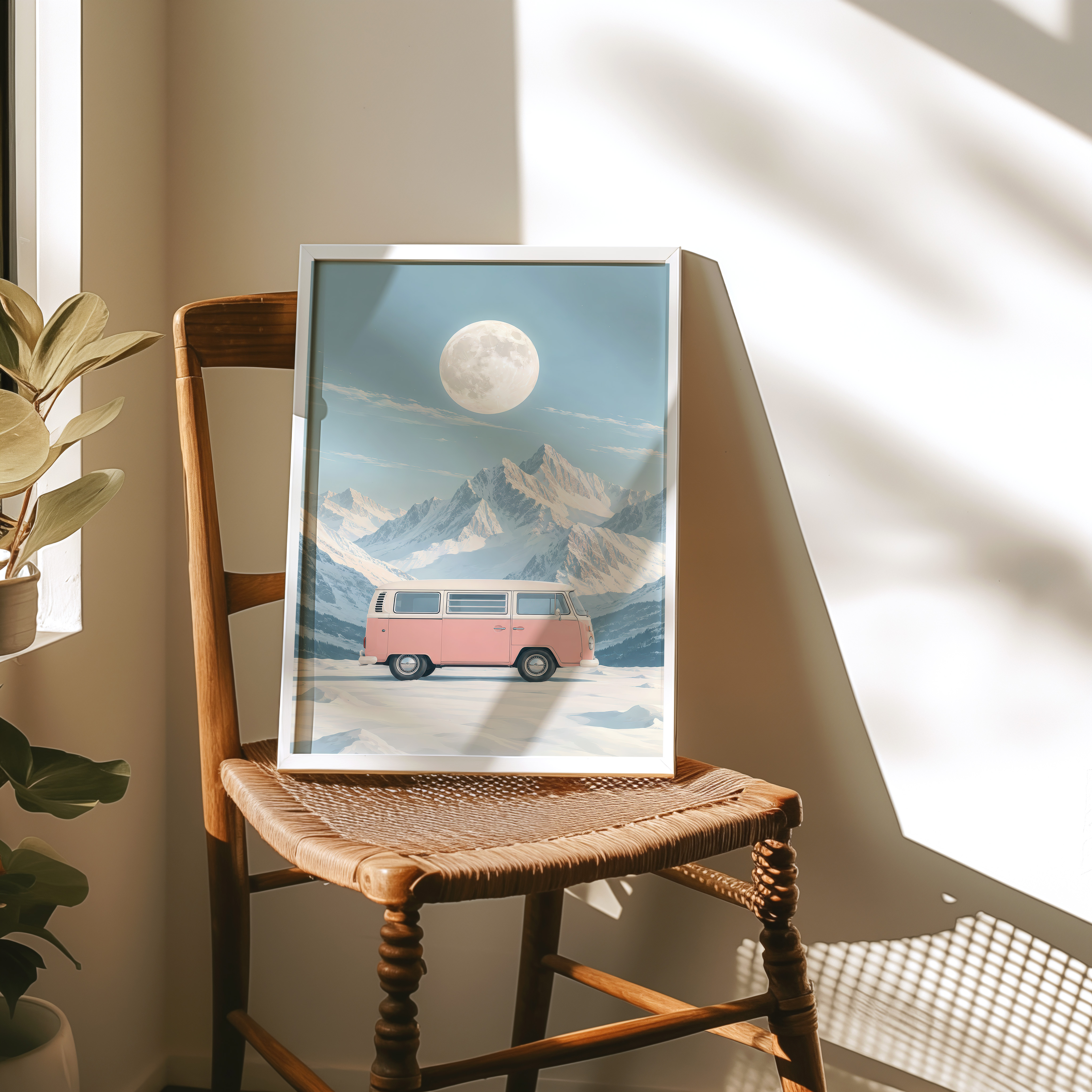 Pink VW Van Mountain Poster, Minimalist Wall Art Living Room, Retro Camper Decor