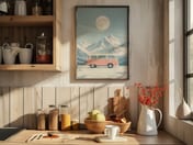 Pink VW Van Mountain Poster, Minimalist Wall Art Living Room, Retro Camper Decor