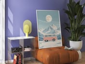 Pink VW Van Mountain Poster, Minimalist Wall Art Living Room, Retro Camper Decor