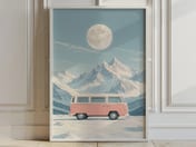 Pink VW Van Mountain Poster, Minimalist Wall Art Living Room, Retro Camper Decor